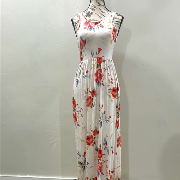 Grecerelle Floral Racerback Maxi Dress Small Ivory Pink Stretchy - Picture 9 of 16